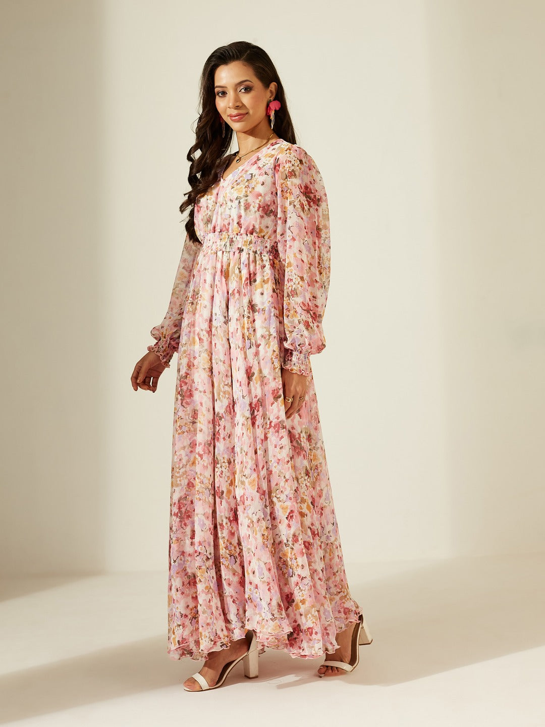 Pink and Black V-Neck Ruffled Sleeve Wide-Leg Printed Jumpsuit for Women