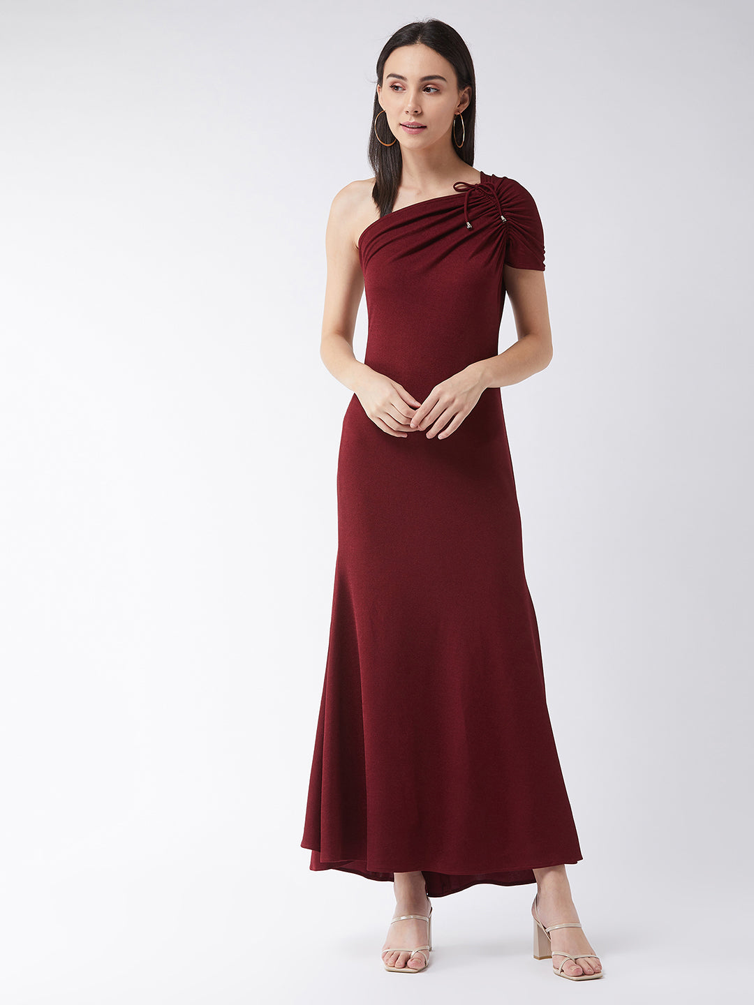 Crease Ease Women's Maroon One-Shoulder Half Sleeve Solid Ruching Maxi Dress