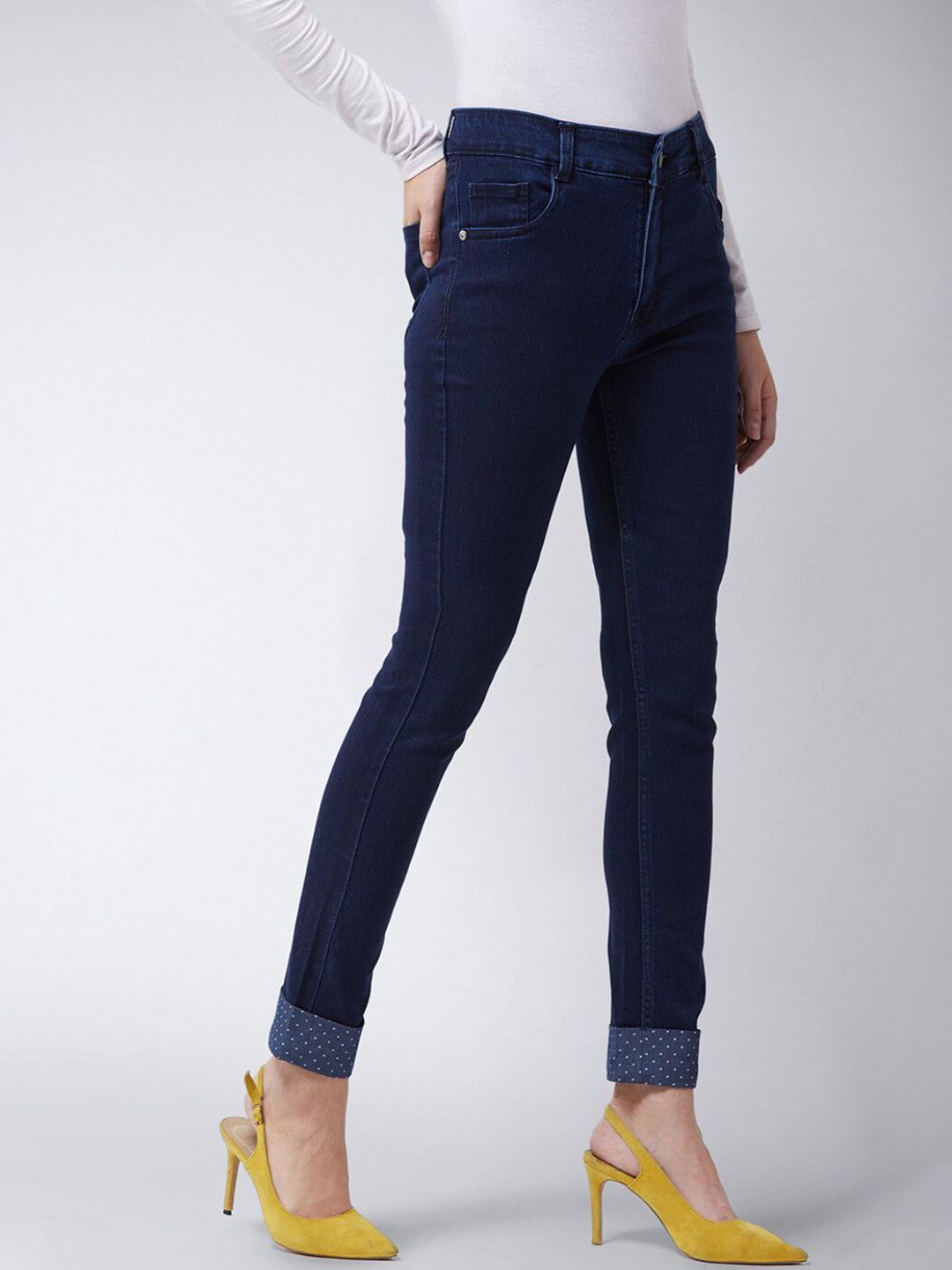 Women's Navy Blue Skinny Fit Mid Rise Cropped Printed Turner Detailing Length Denim Stretchable Jeans