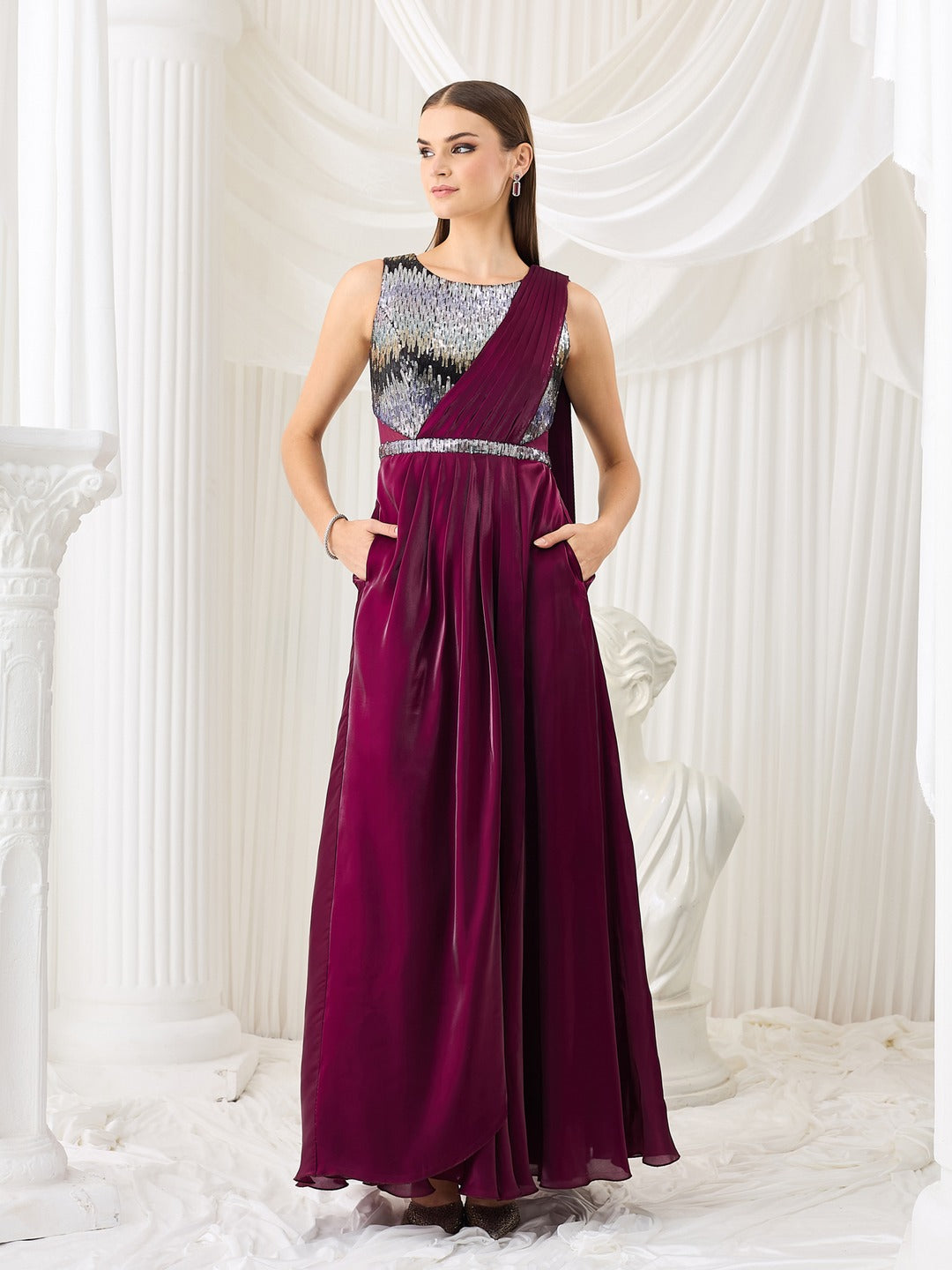 Round Neck Gown in Dark Purple with Embellished Satin Layers for Women