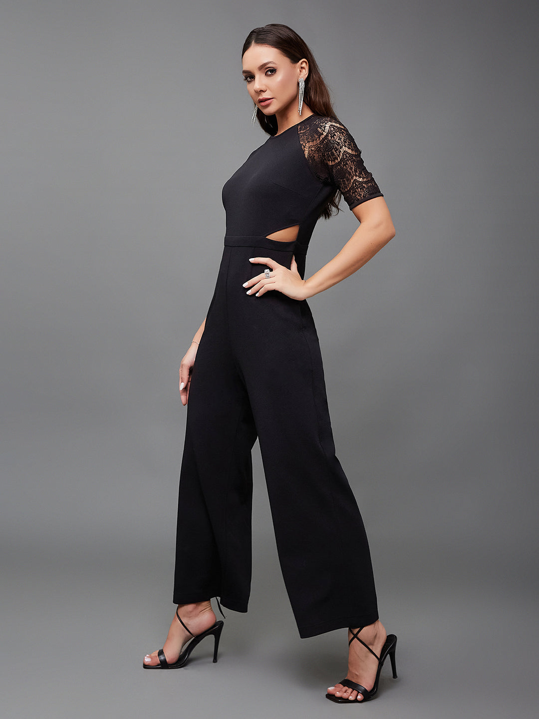 Crease Ease Women's Black Raglan Half Sleeve Solid Waist Cut-Out Jumpsuit