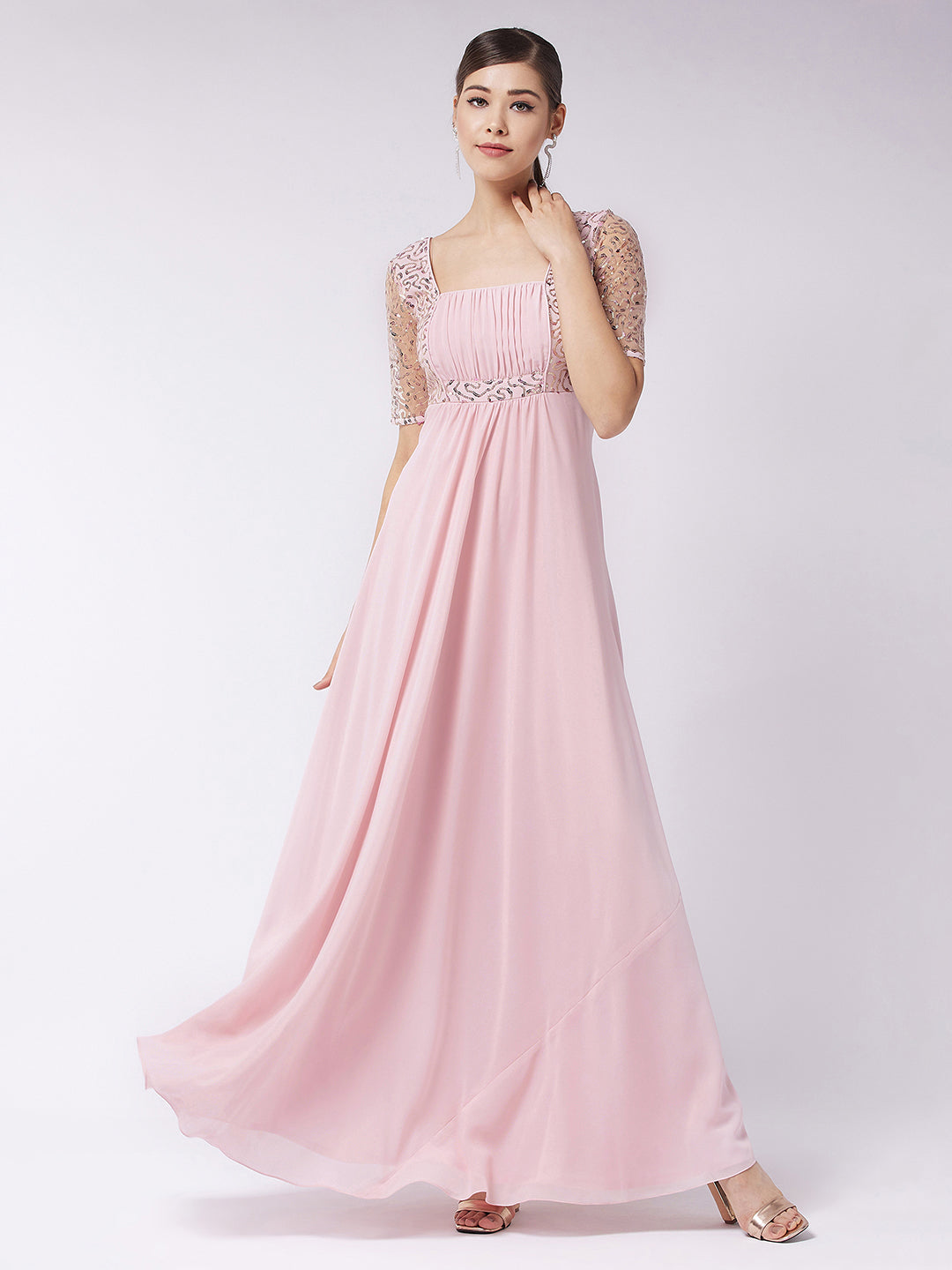 Women's Dusty Pink Square Neck Half Sleeve Solid Embellished Maxi Dress