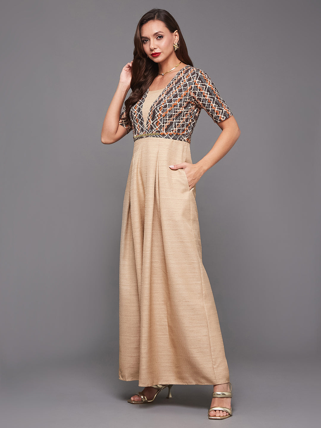 Women's Multicolored-Base-Beige Square Neck Half Sleeve Geometric Pleated Regular-Length Silk Jumpsuit