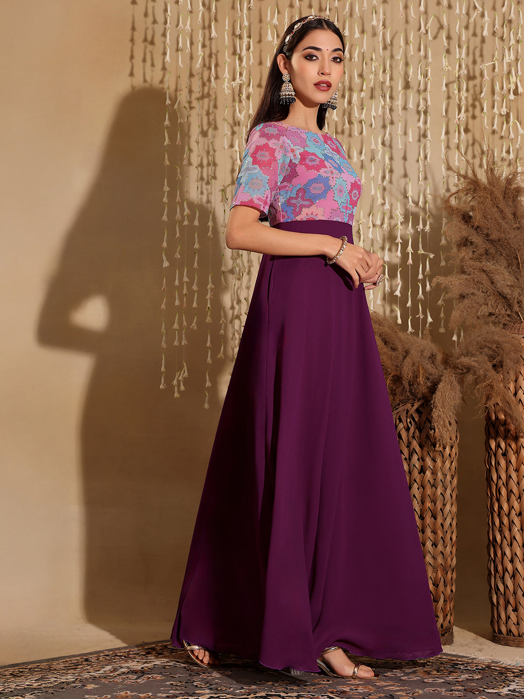Women's Multicolored-Base-Dark Purple Boat Neck Half Sleeve Geometric Fit & Flare Georgette Maxi Dress