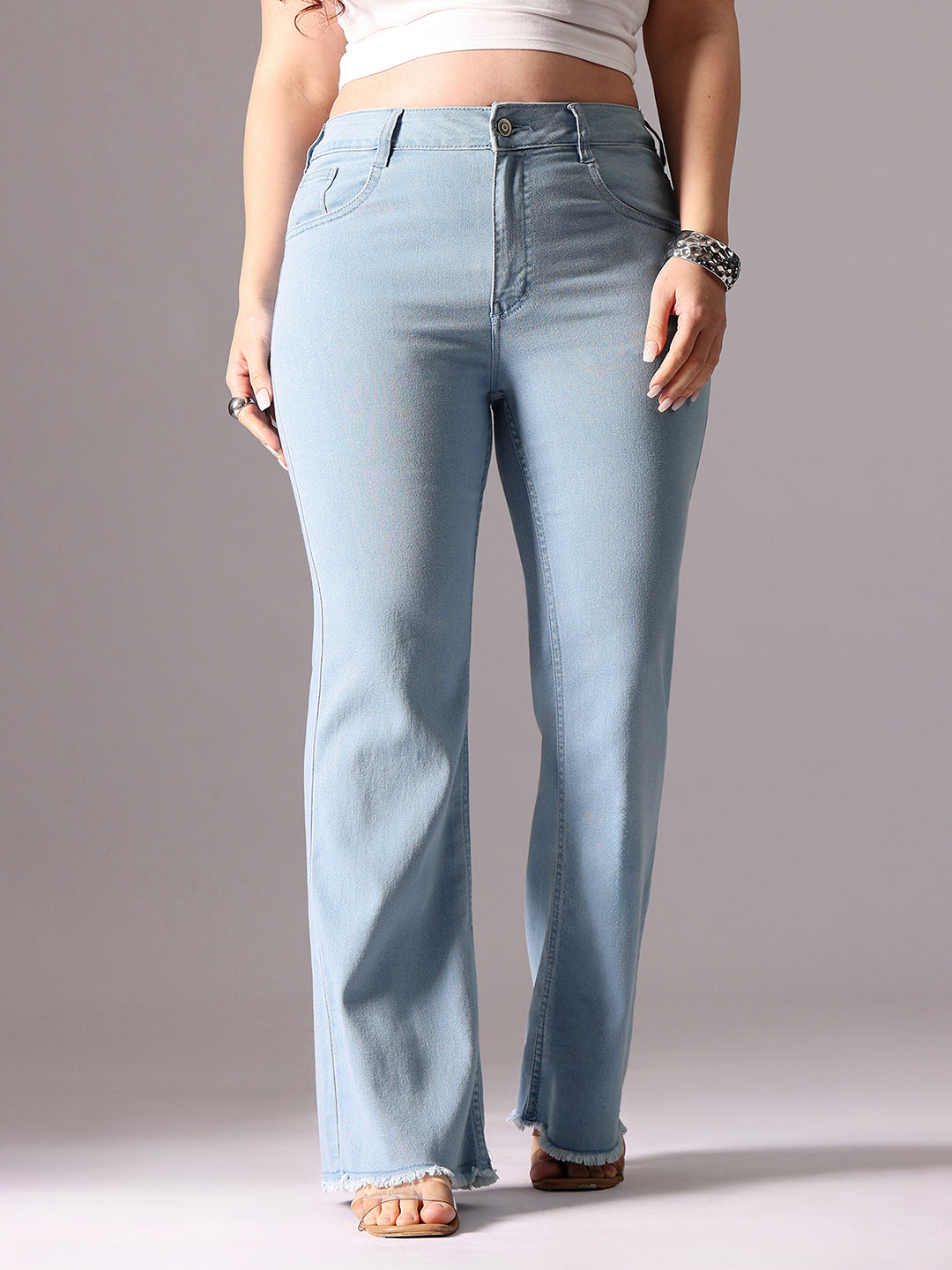 Women's Light Blue Bootcut High-Rise Clean-Look Cropped Stretchable Denim Jeans