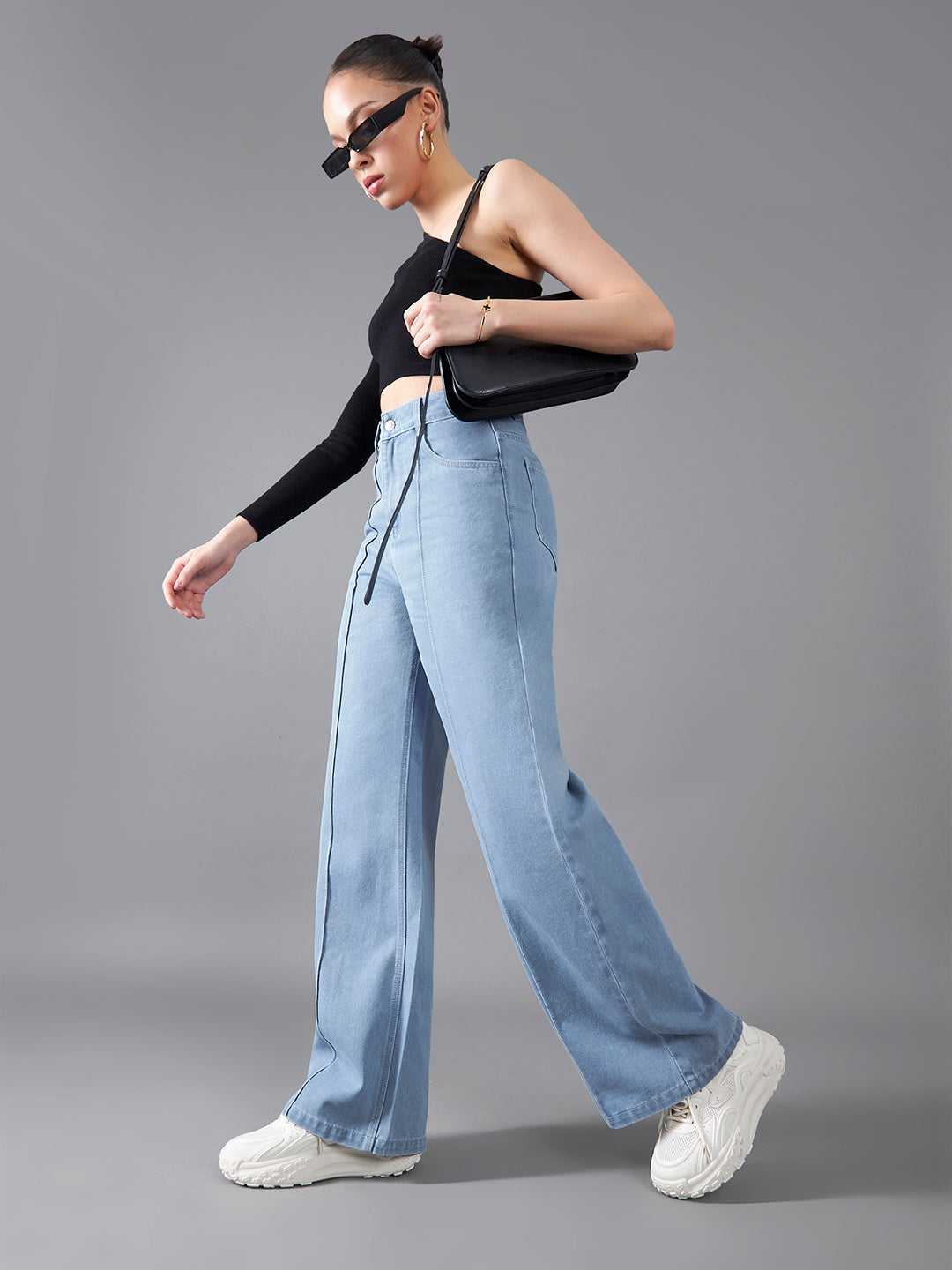 Women's Light Blue Straight-Fit High-Rise Clean-Look Regular-Length Non-Stretchable Denim Jeans
