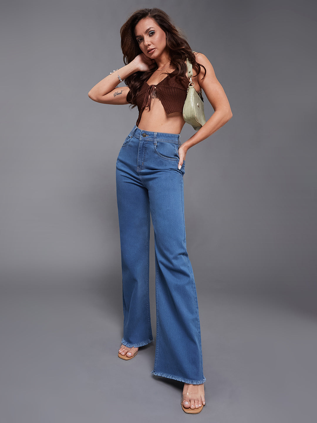 24/7 Comfort Women's Mid Blue Wide-Leg High-Rise Stretchable Denim Jeans