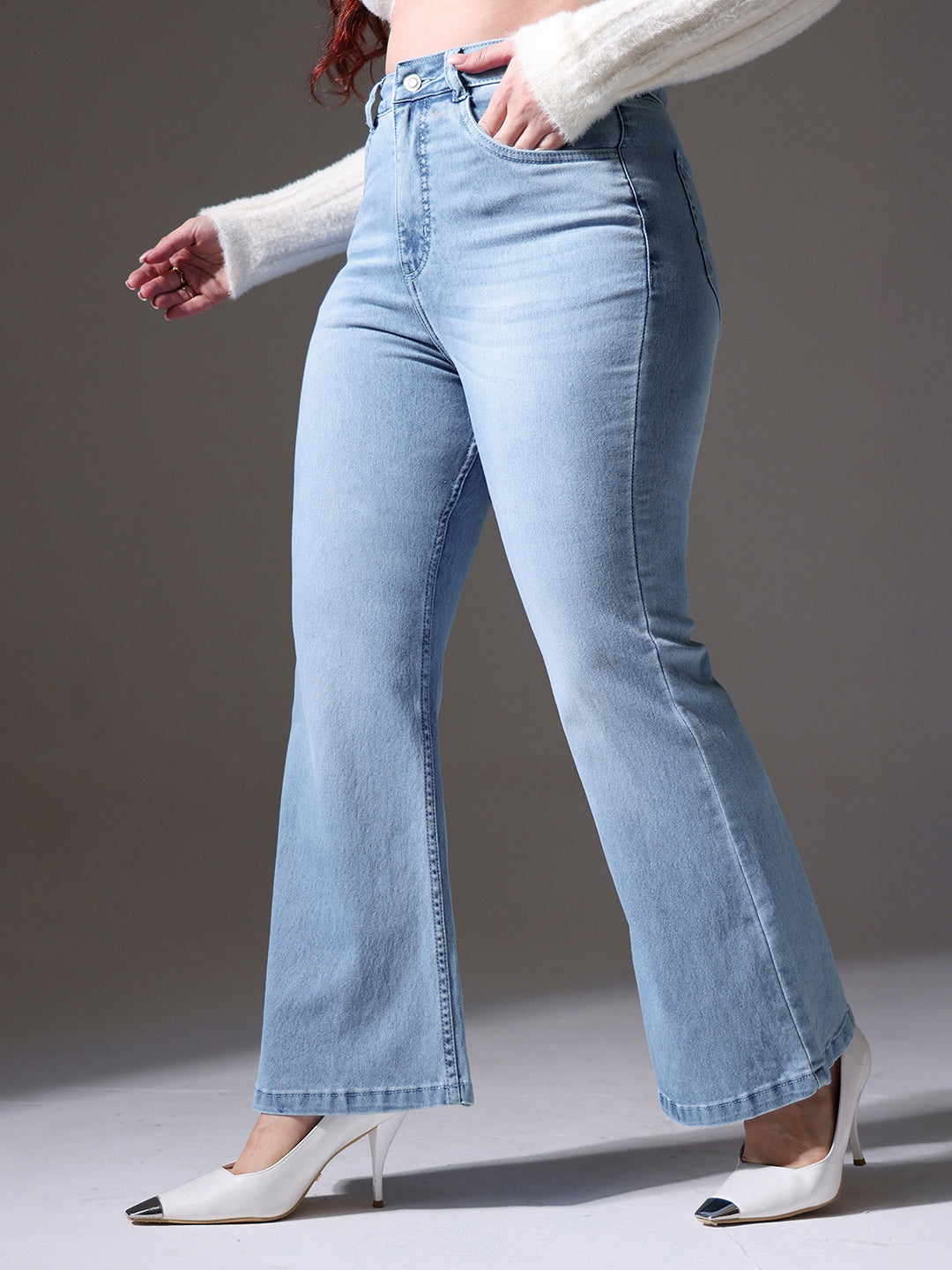 24/7 Comfort Women's Light Blue High Rise Clean Look Regular Stretchable Denim Bootcut Shaping Jeans