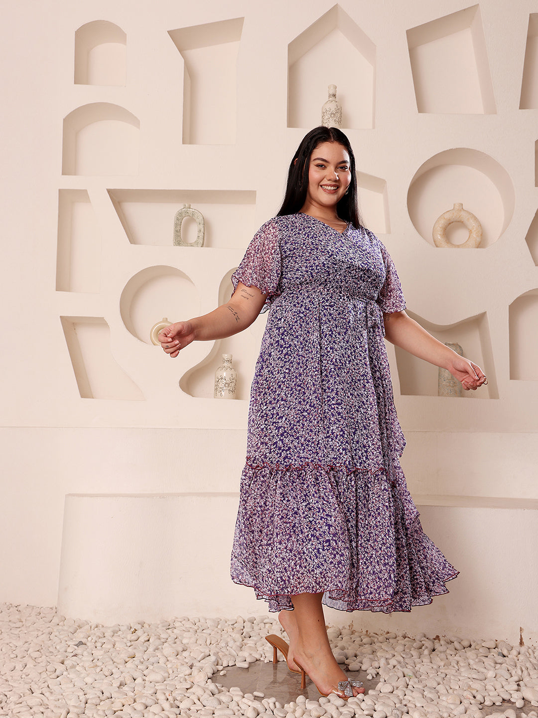 Body Bliss Multicolored-Base-Purple V-Neck Flared Sleeve Floral Wrap Chiffon Maxi Dress