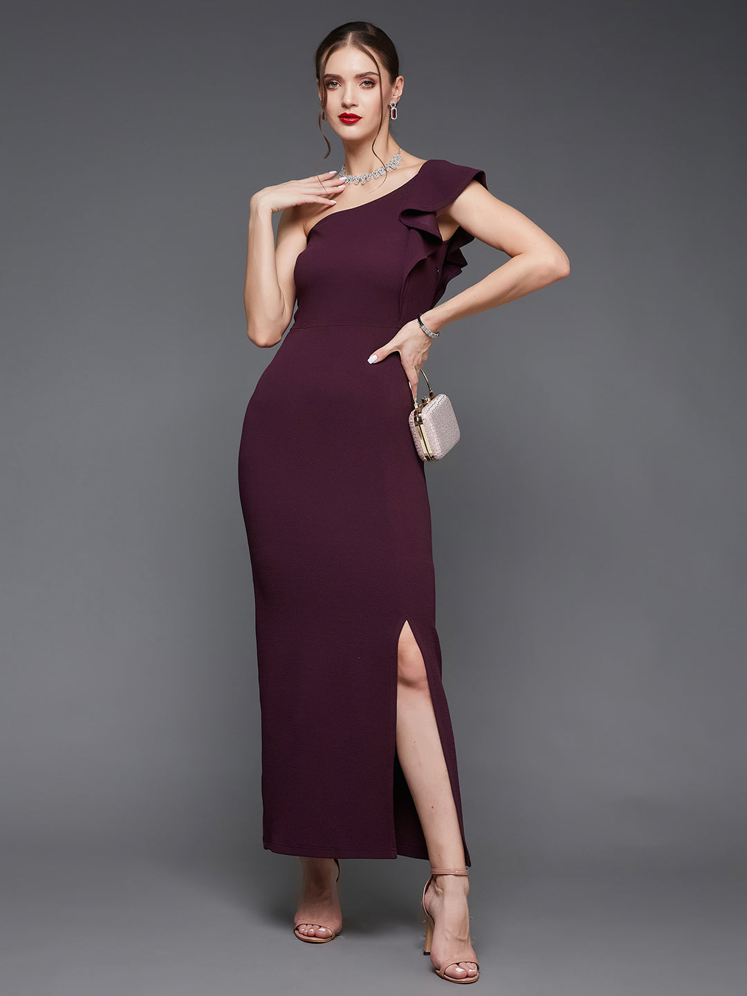 Dark Purple Solid One Shoulder Bodycon Maxi Dress Long Dress Frock