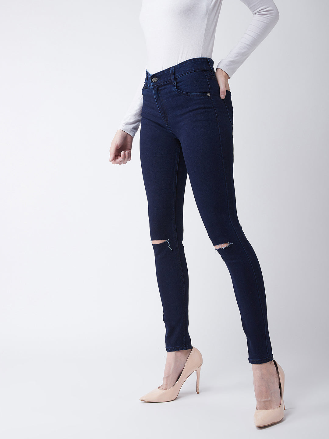 Women's Navy Blue Skinny Fit High Rise Regular Length Clean Look Knee Slit Denim Stretchable Jeans