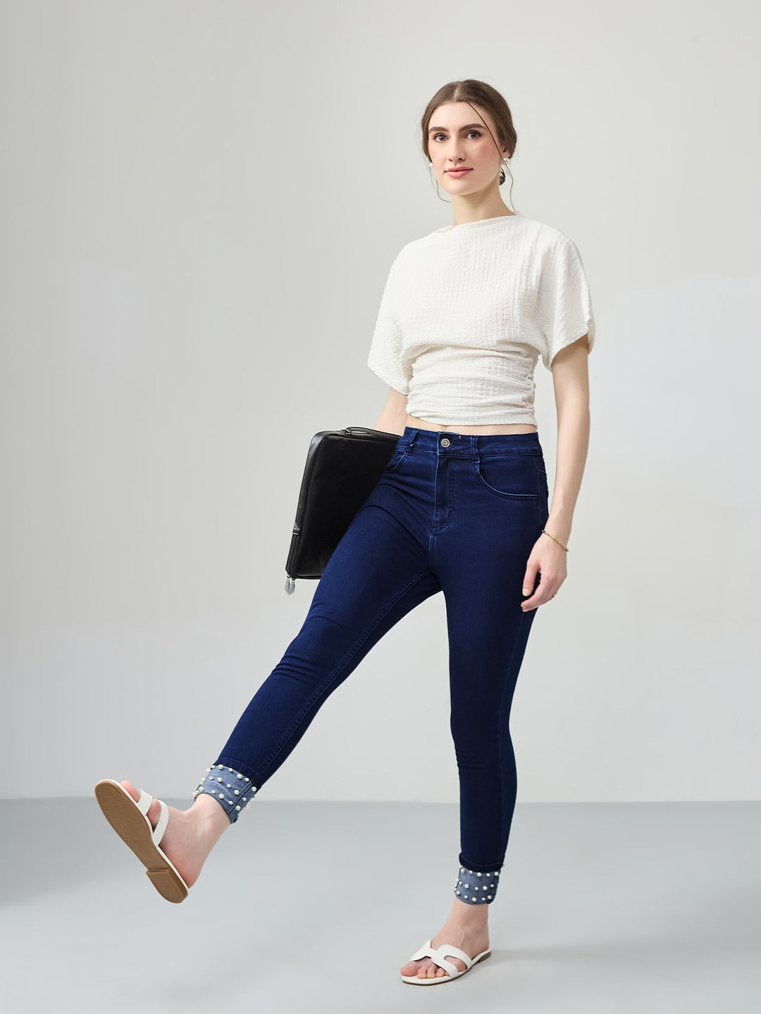 Navy Blue Skinny Fit high-rise Pearl Embellished On The Hem Denim Stretchable Jeans for Women