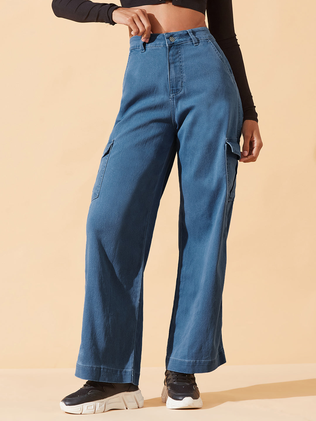 Blue Wide-Leg High-Rise Regular Stretchable Denim Jeans for Women