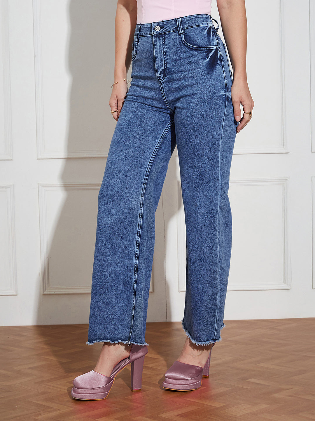 Women's Navy-Blue Wide-Leg High-Rise Clean-Look Stretchable Denim Jeans