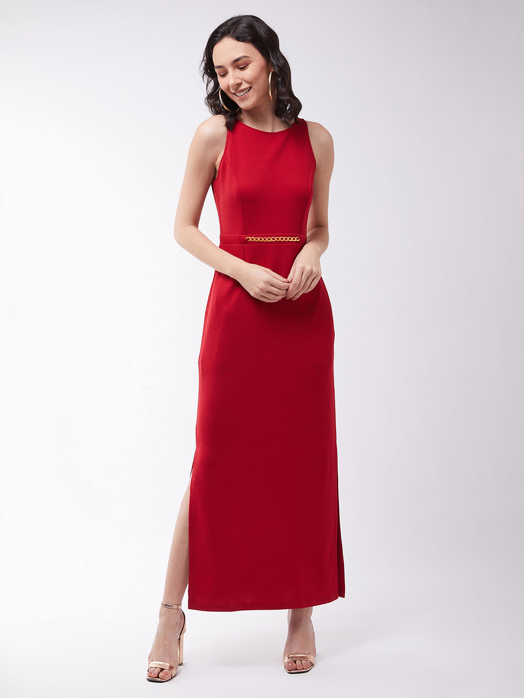 Crease Ease Cocktail Women's Cherry Red Solid Slim Fit Round Neck Sleeveless Maxi Dress