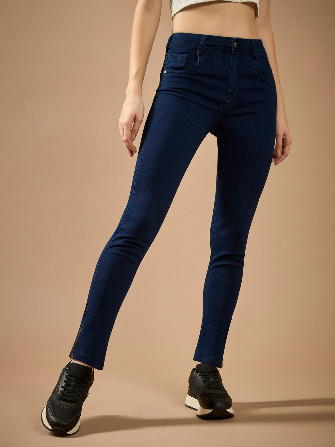 Women's Navy Blue Skinny Fit Mid Rise Cropped Length Zipper Detailing Denim Stretchable Jeans