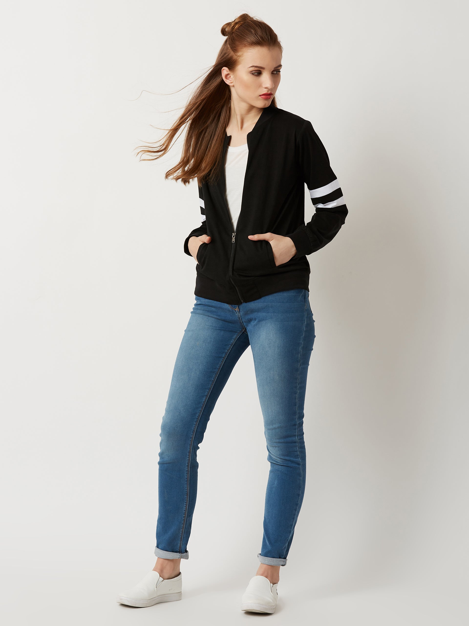 Women's Black Round Neck Full Sleeve Cotton Solid Stripe Detailing Bomber Jacket