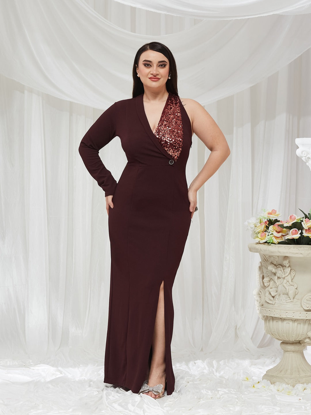 Wine V Neck Asymmetric Sleeve Embellished Blazer Maxi Dress for Women