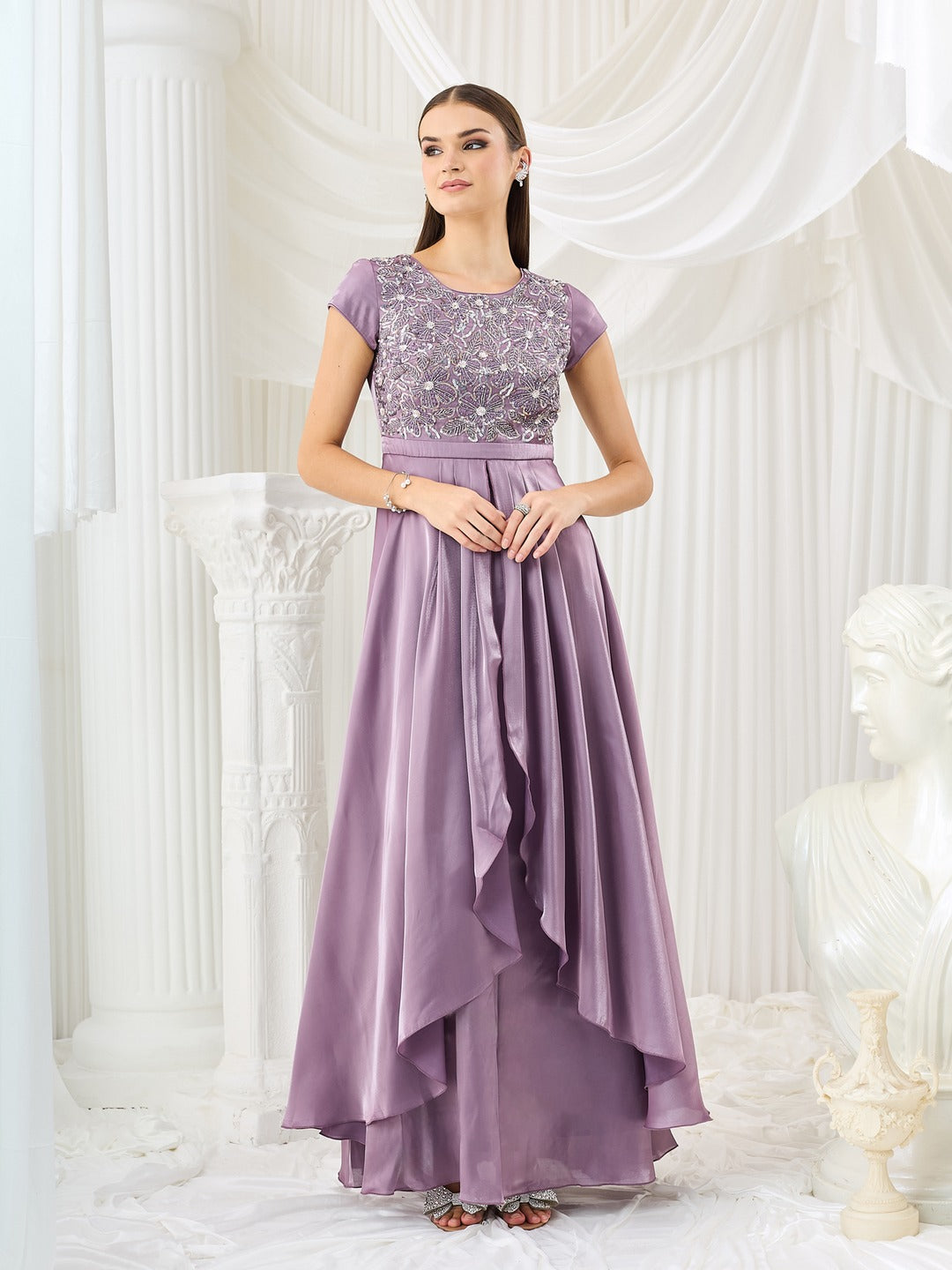 Embroidered Gown in Dusty Purple Layered Premium Satin for Women