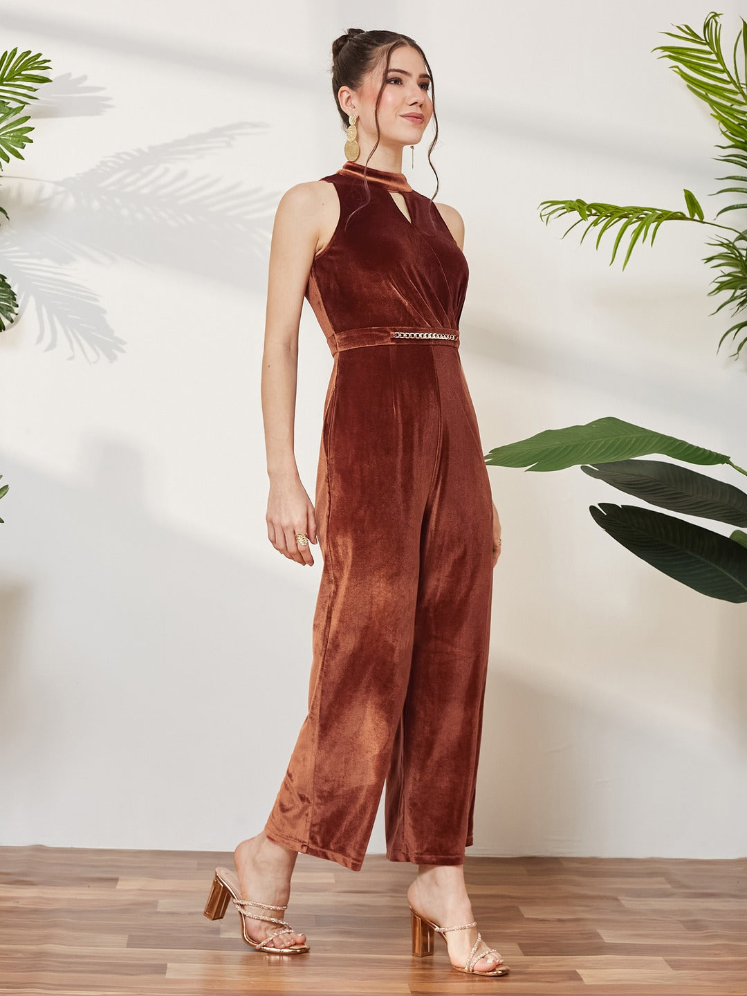 Rust Choker Neck Sleeveless Solid Pleated Regular Jumpsuit for Women