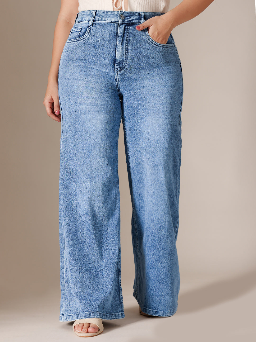 Light Blue Wide-Leg High Rise Clean Look Regular Length Stretchable Denim Jeans for Women