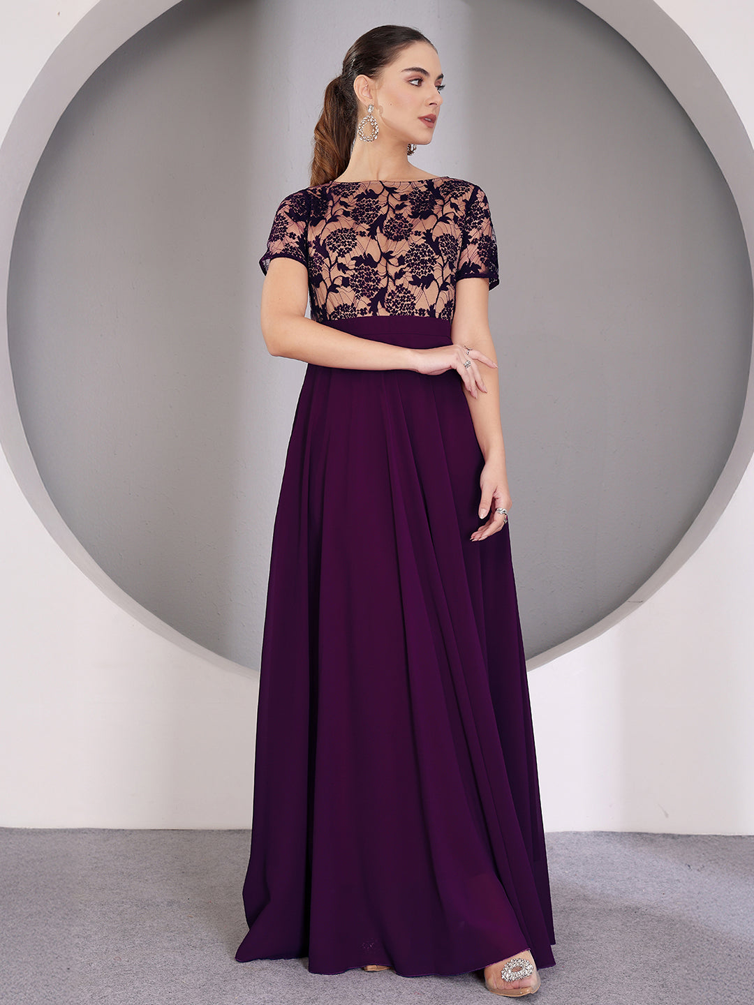Women's Dark Purple Round Neck Half Sleeve Self Design Fit & Flare Georgette Maxi Dress