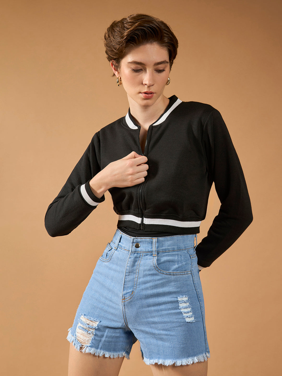 Women's Black V-Neck Full Sleeves Loopknit Rib Solid Bomber Cropped Jacket