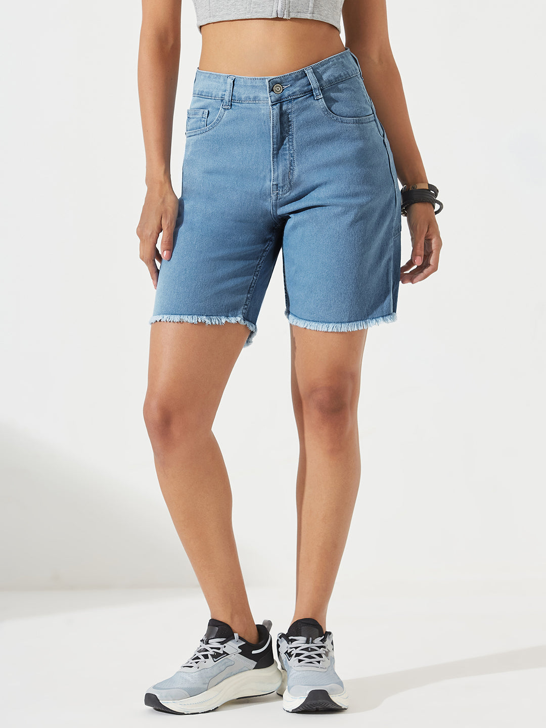 Light-Blue Regular High-Rise Above Knee Stretchable Denim Shorts for Women
