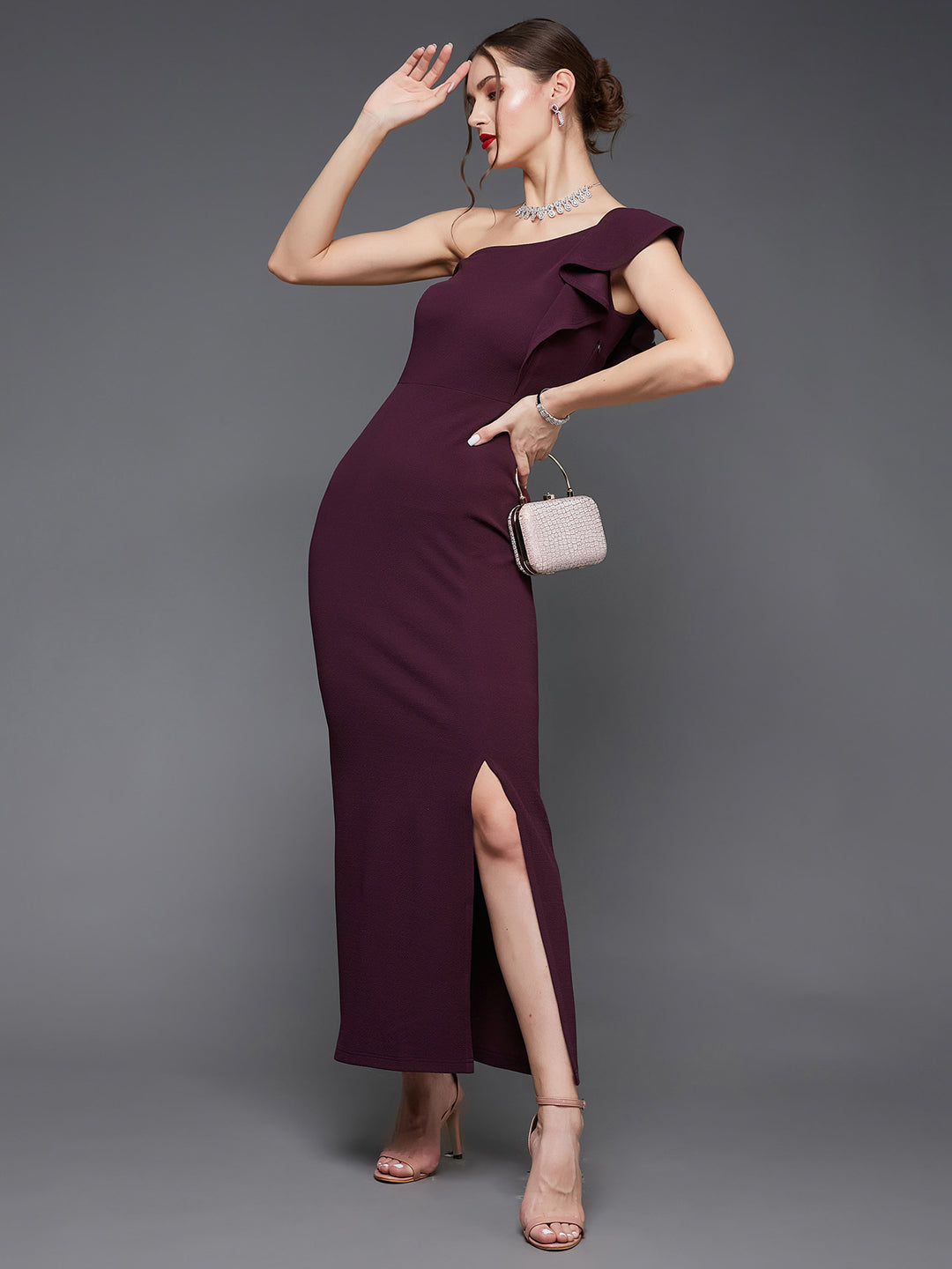 Crease Ease Women's Dark Purple Solid One Shoulder Sleeveless Ruffled Maxi Dress