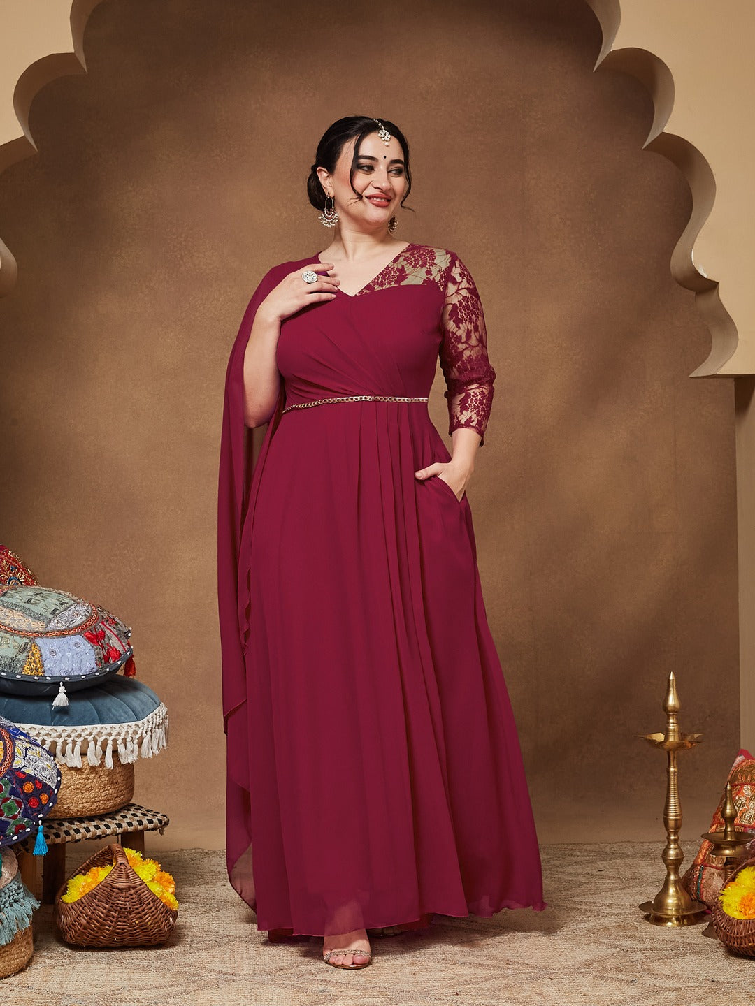 Dark Pink V-Neck Asymmetric Self-Designed Georgette Maxi Dress for Women