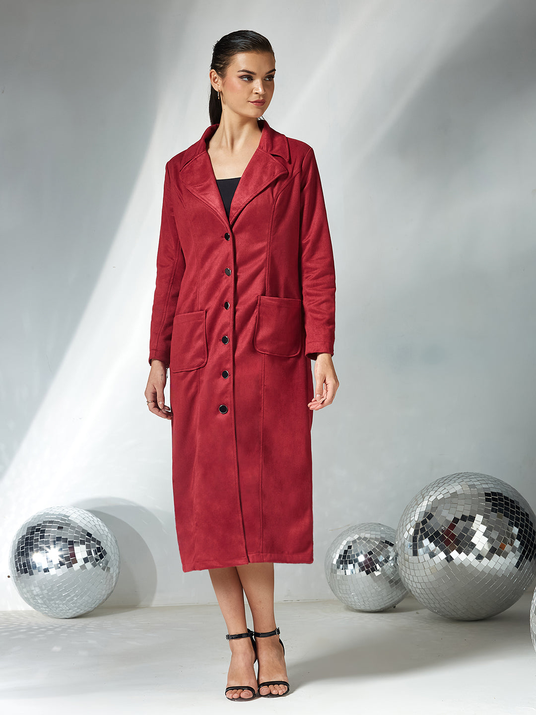 Women's Dark Red Solid V-Neck Full Sleeves Patched Pocketed Polyester Button Down Longline Winter Wear Jacket