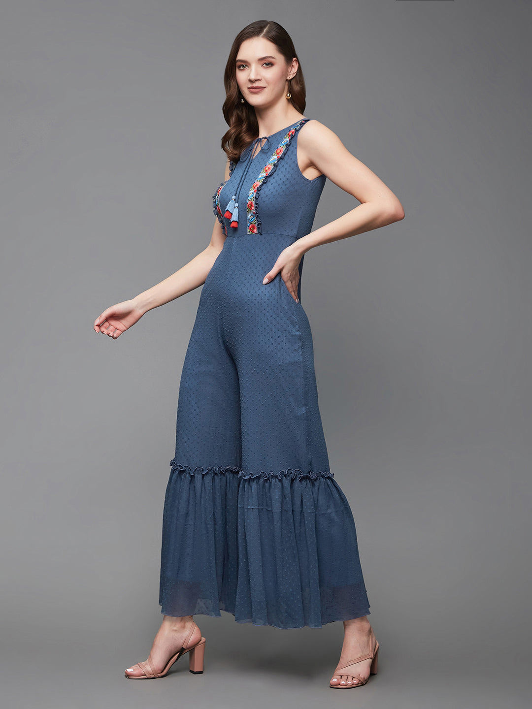 Women's Azure Blue Keyhole Neck Sleeveless Self Designed Chiffon Tiered Regular Jumpsuit