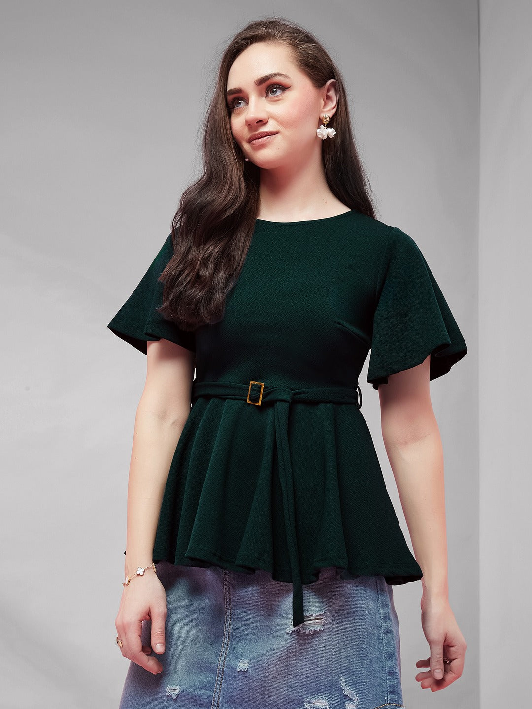 Green Solid Polyester Slim Fit Round Neck Short Sleeve Regular Length Top  for Women