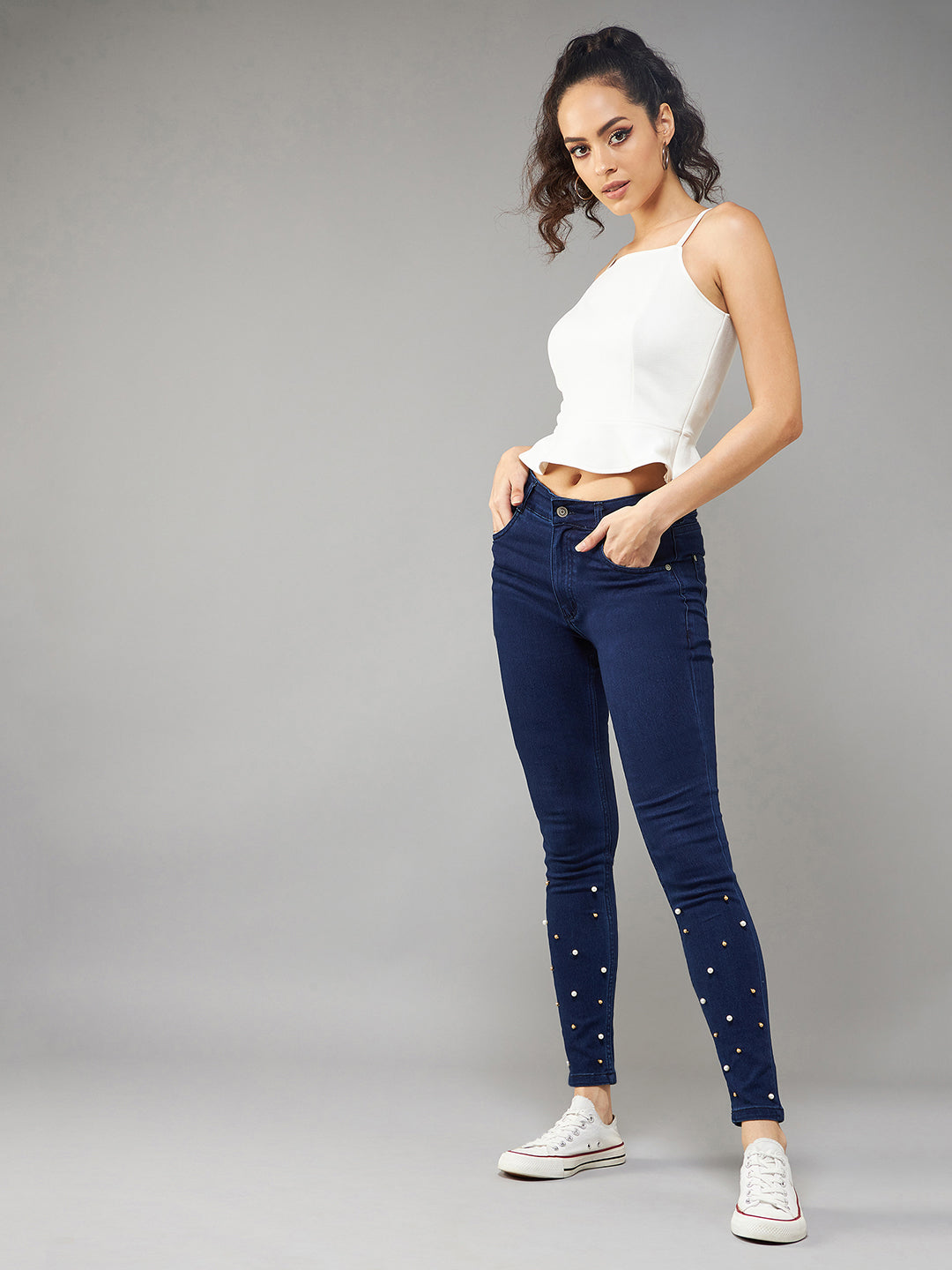 Women's Navy Blue Skinny Fit High Rise Regular Length Pearl Embellished Clean Look Denim Stretchable Jeans