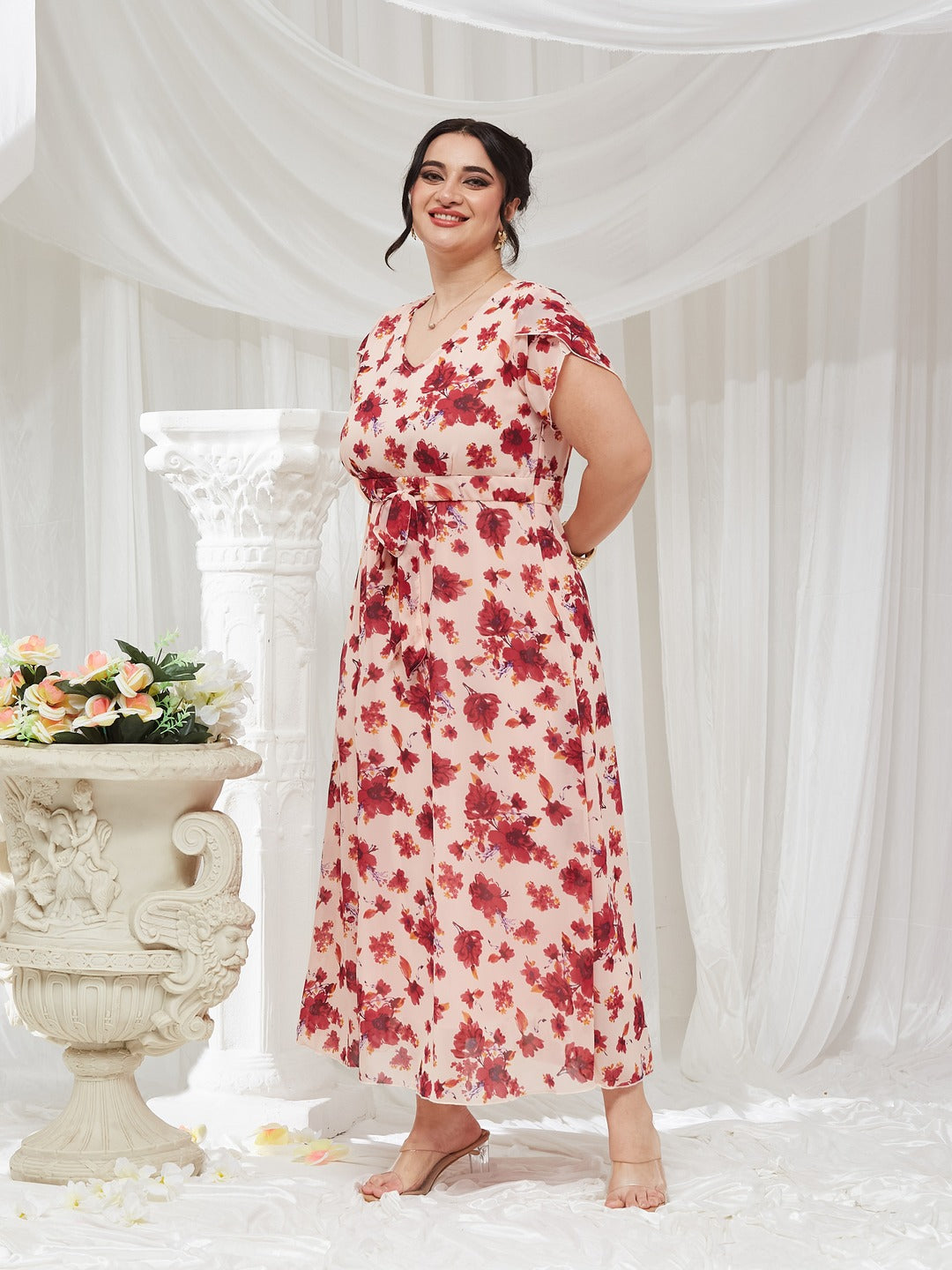Light Pink V-Neck Short Sleeve Floral Pleated Midi Dress for Women