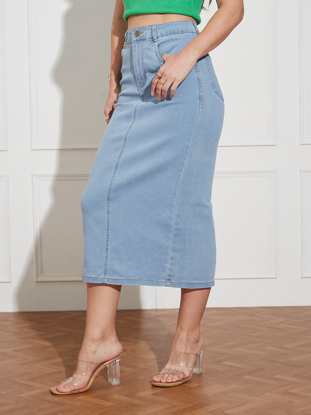 Women's Light Blue Straight High Rise Clean Look Midi Stretchable Denim Skirt