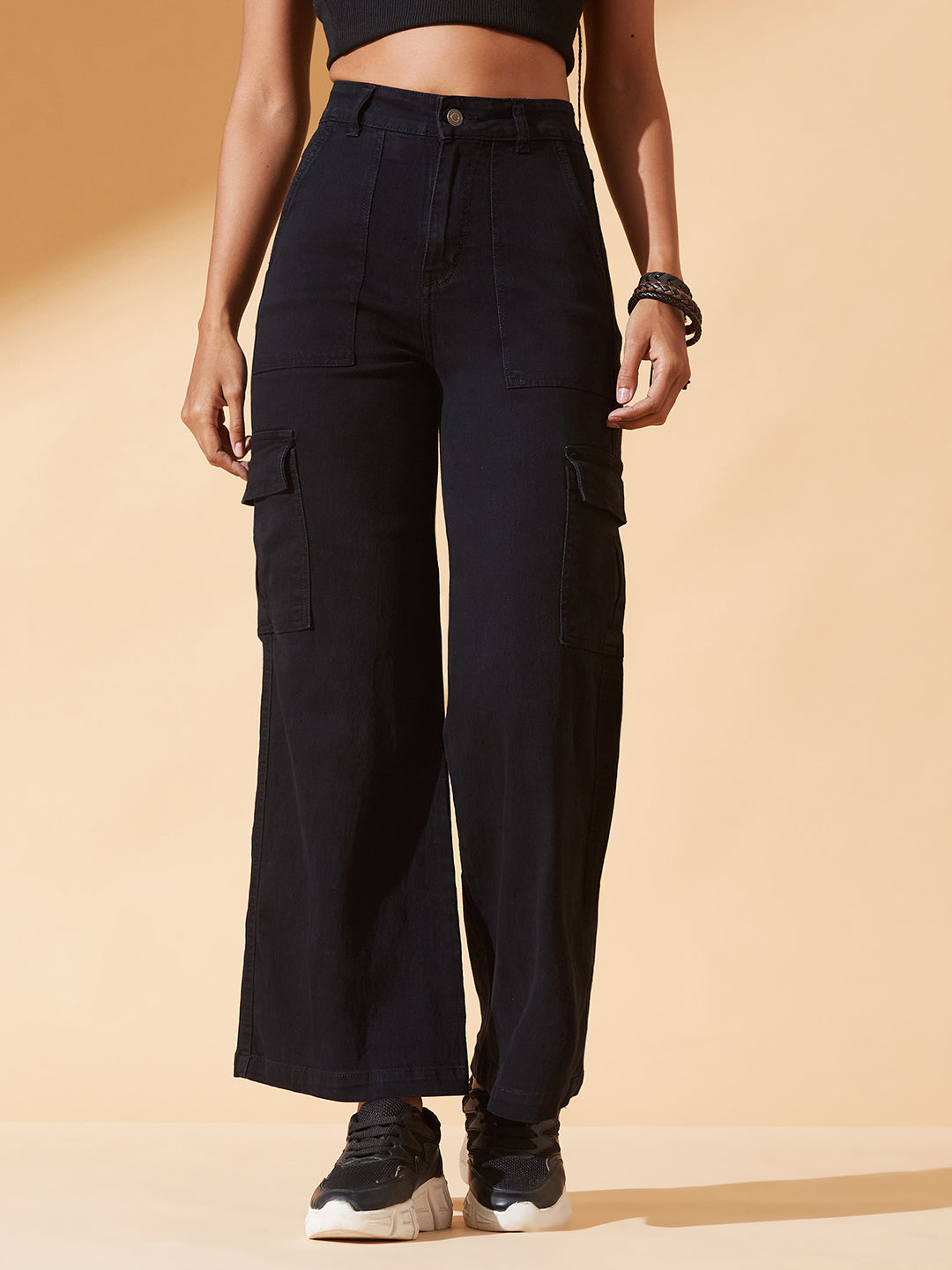 Black Wide-Leg High-Rise Regular Stretchable Denim Jeans for Women