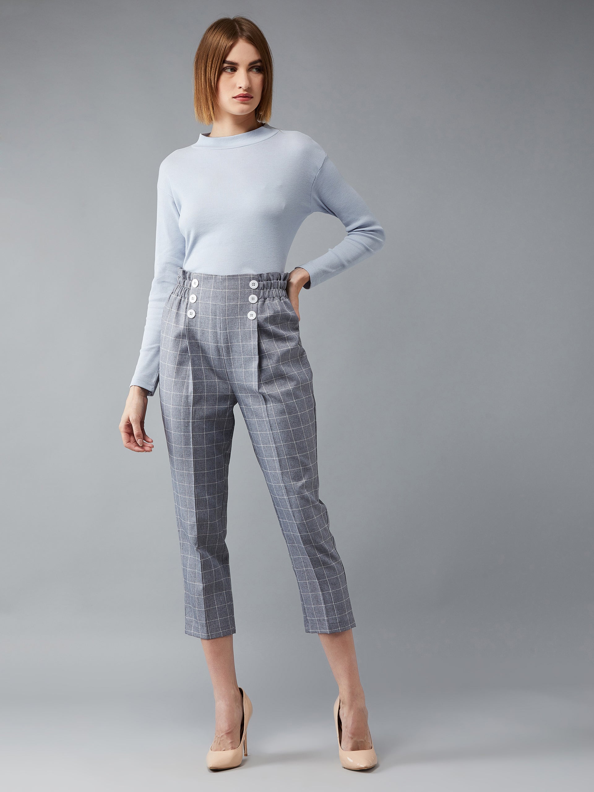 Women's Grey & White Polycotton Checkered Gathered/Pleated Cropped Trouser