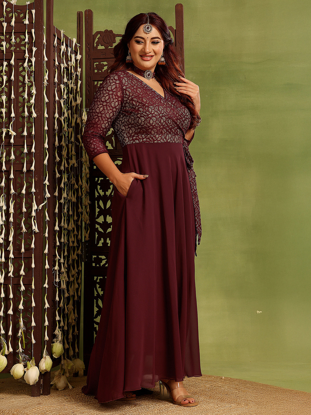 Women's Wine V-Neck Three-Quarters Sleeve Floral Wrap Georgette Maxi Dress