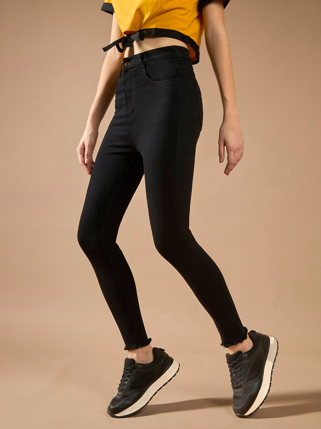 Women's Black Skinny Fringed Detailing High-Rise Clean-Look Solid Cropped Stretchable Denim Jeans