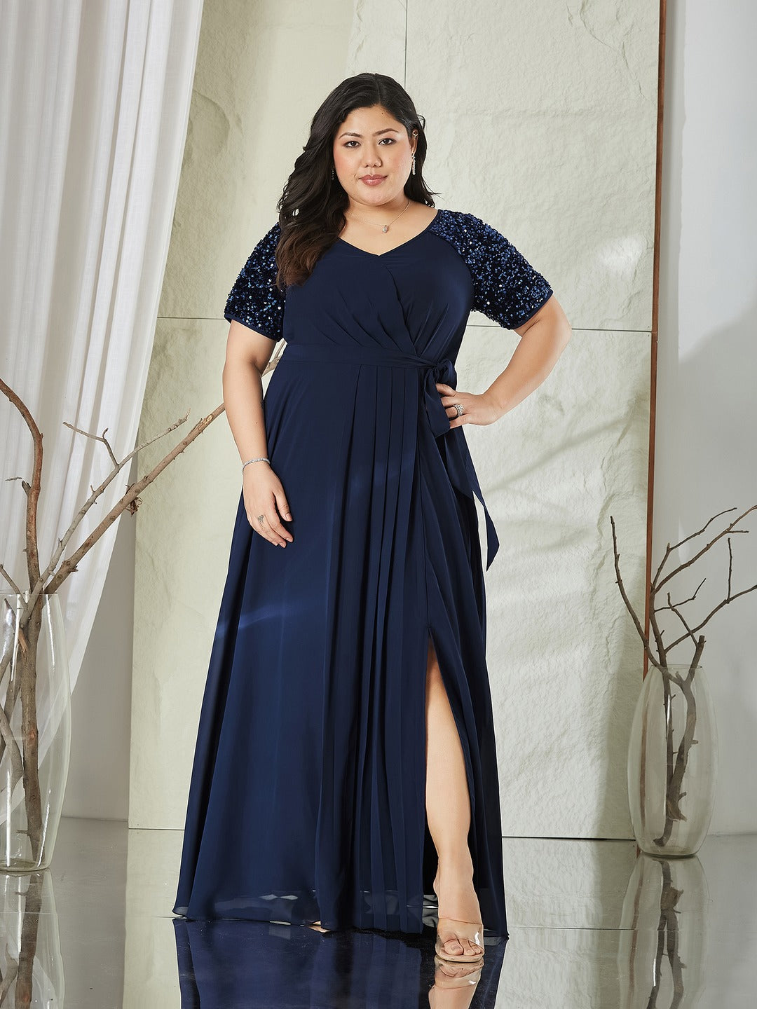 Navy Blue Relaxed Fit Maxi Georgette Dress for Women