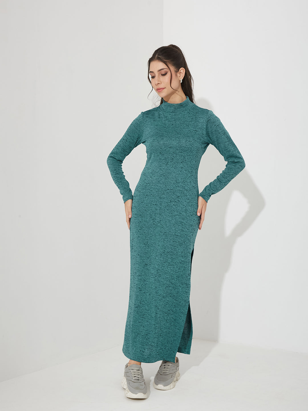 Teal Mock Neck Full Sleeve Solid Bodycon Maxi Cotton Dress for Women