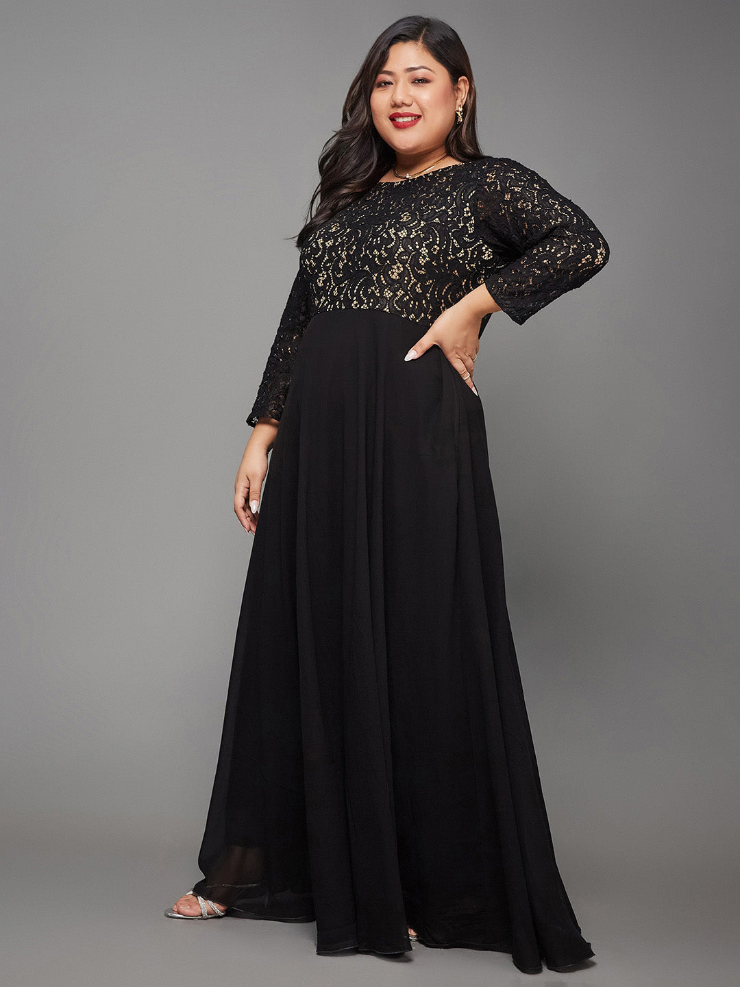 Women's Black Self Design Boat Neck 3/4 Sleeves Side Pocketed Georgette Fit and Flare Maxi Length Dress