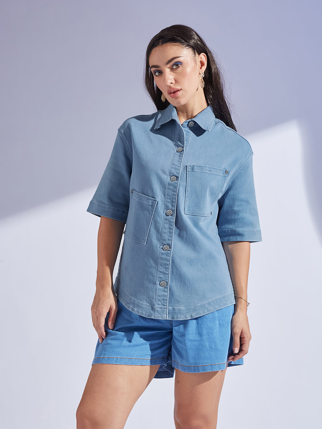 Women's Light Blue Shirt Collar Half Sleeve Asymmetrical Panelled Regular-Length Denim Shirt