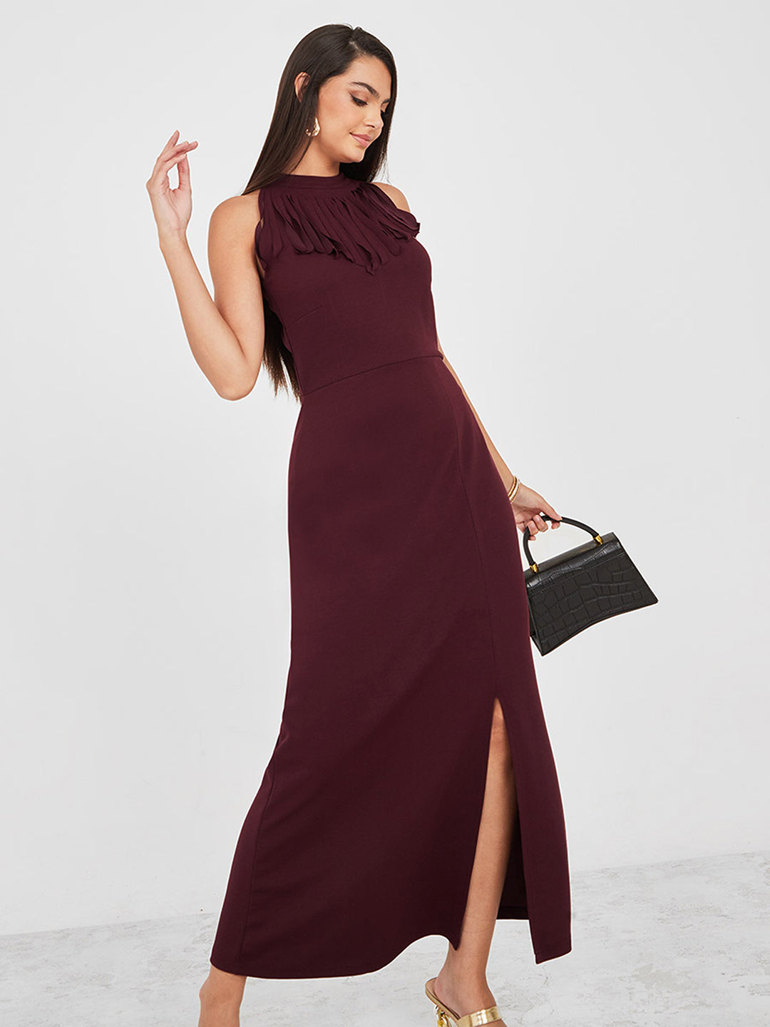 Women's Wine Red Fringed Halter-Neck Sleeveless Solid Maxi Front Slit Dress