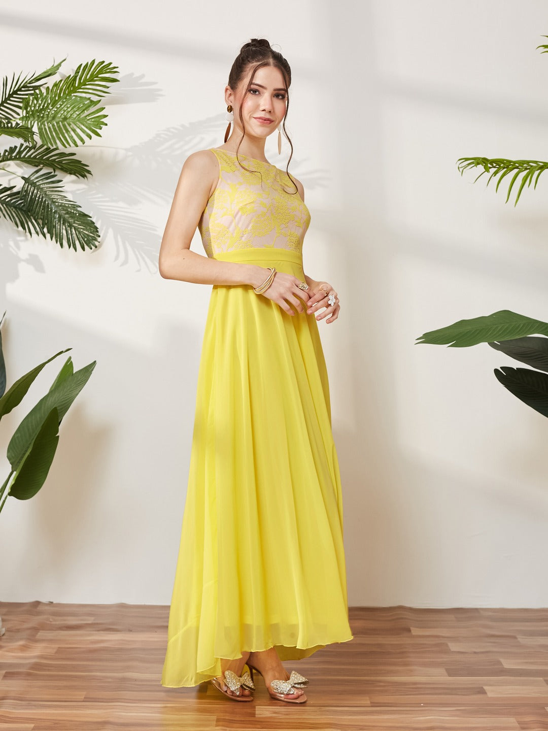 Light Yellow Round Neck Sleeveless Georgette & Lace Floral Fit & Flare Maxi Dress for Women