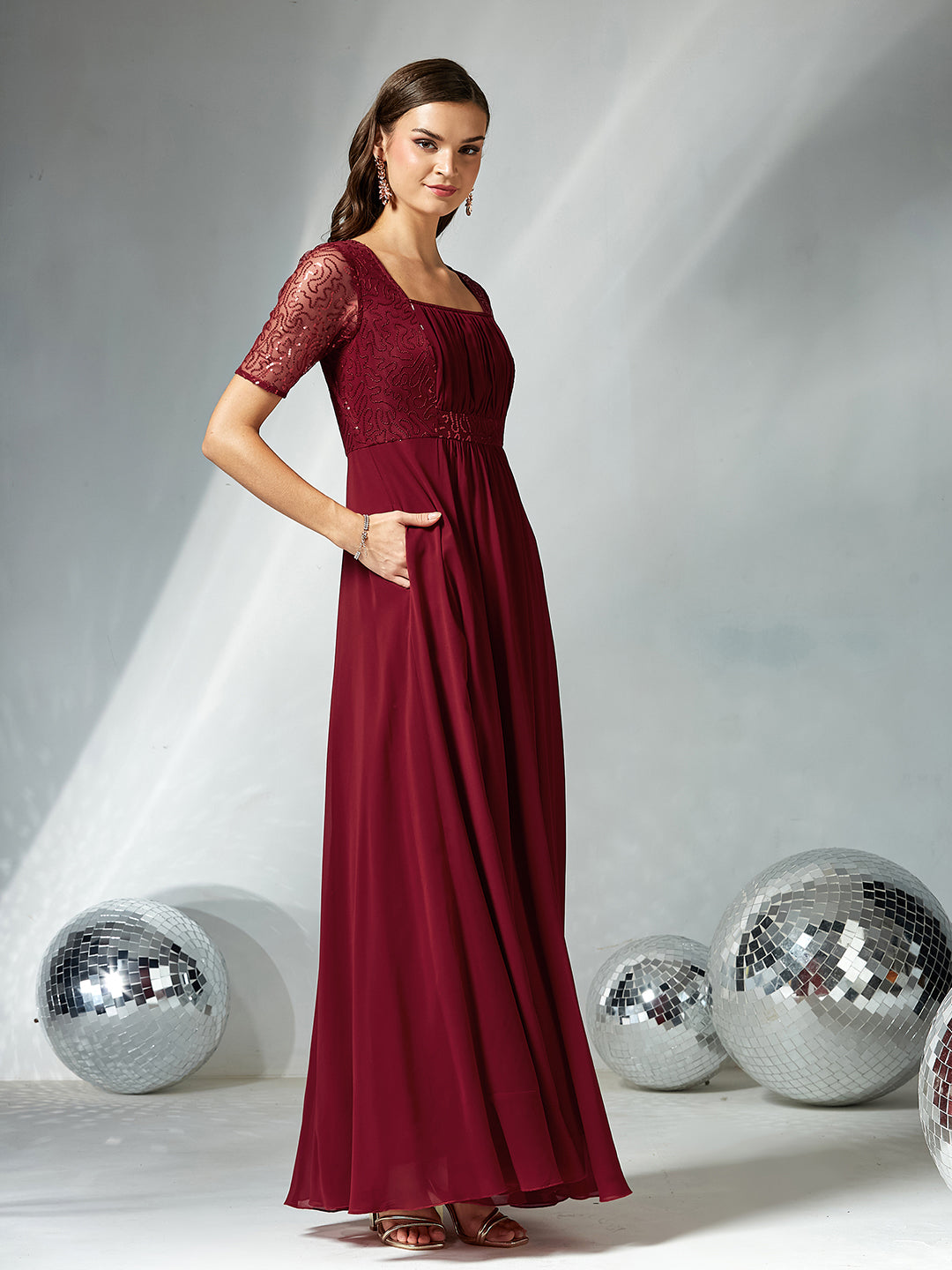 Maroon Square Neck Half Sleeve Solid Embellished Maxi Dress for Women