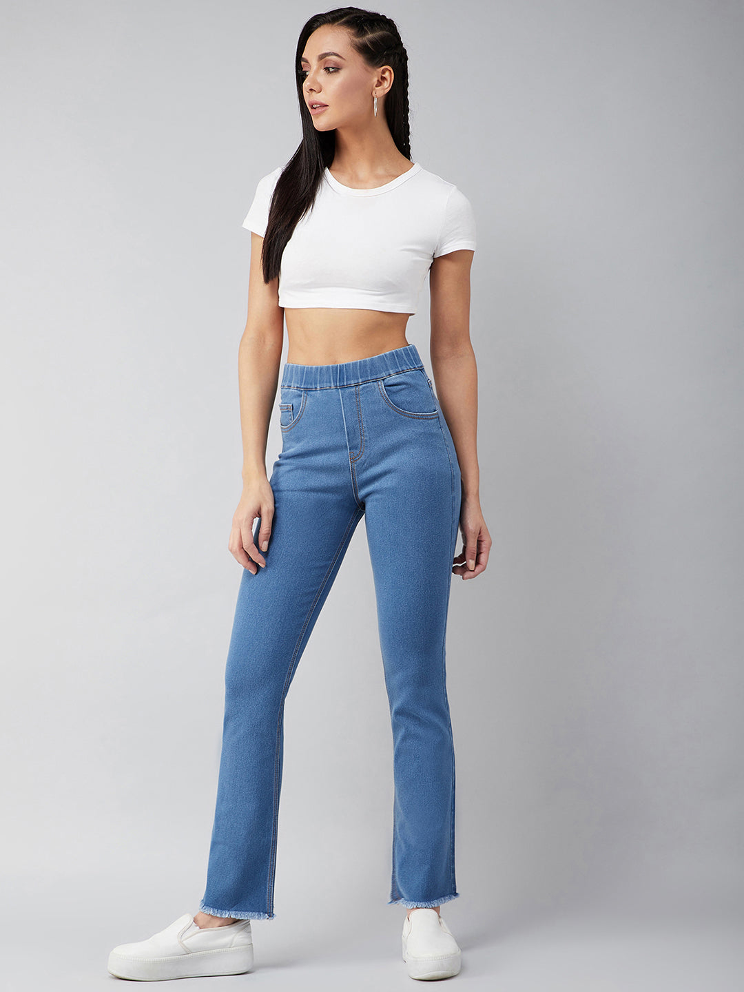 Women's Blue Bell Bottom Semi-Bootcut Hourglass Mid-rise Clean Look Regular Stretchable Timeless Denim Jeans