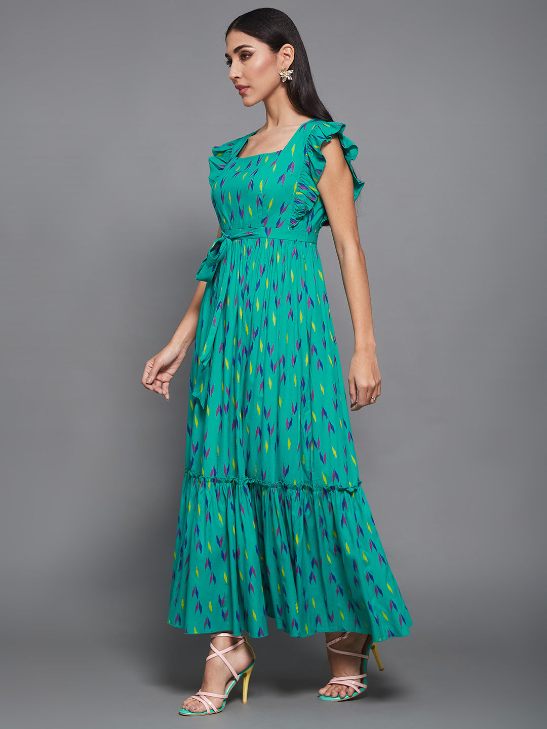 Turquoise Green Viscose Rayon Geometric Maxi  Tiered Dress