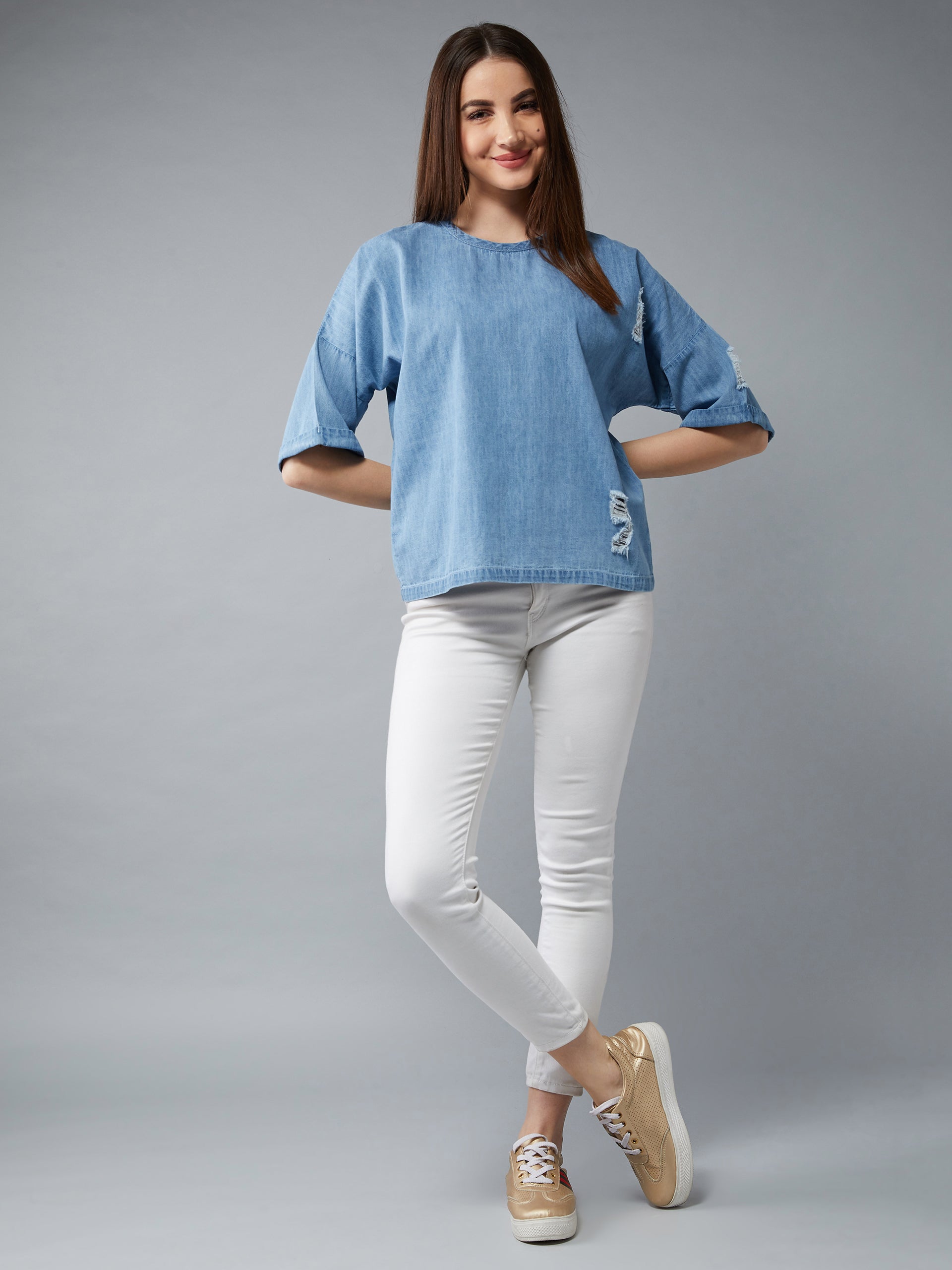 Women's Light Blue Round Neck Half Sleeves Solid Boxy Regular Ripped Top